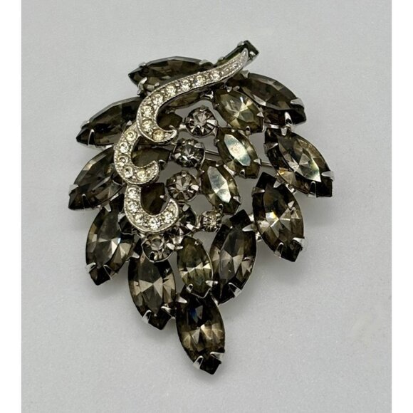 Weiss Jewelry - Vintage Weiss Brooch, Grey Rhinestones W/Scrolling Clear Rhinestones, Book Piece